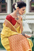 Womens Organza Silk Yellow Saree With Blouse Piece