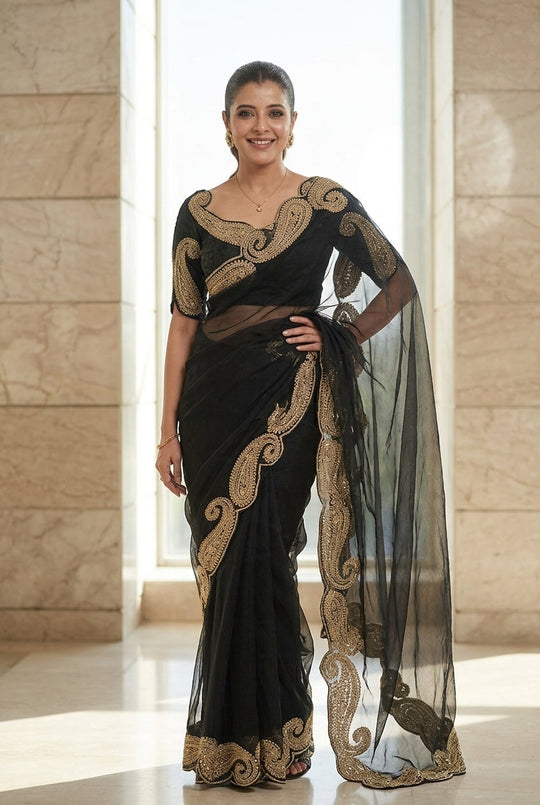 Embroidered Embellished Sequinned Net Saree