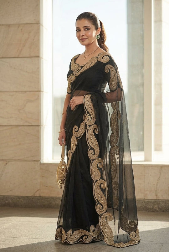 Embroidered Embellished Sequinned Net Saree