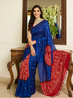 Printed Bandhani Ajrak Mirrorwork Saree