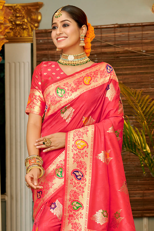 Pink Banarasi Silk Saree With Blouse