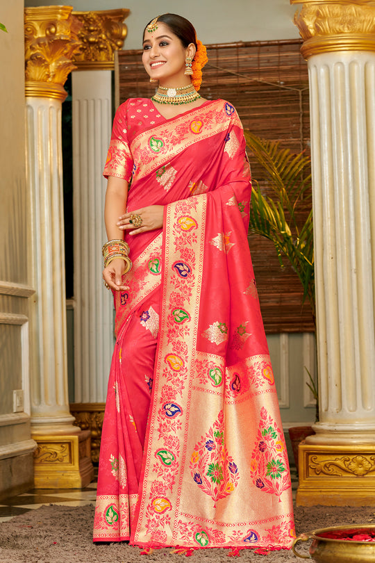 Pink Banarasi Silk Saree With Blouse