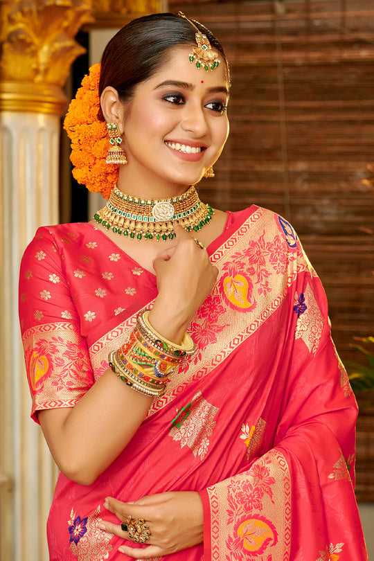 Pink Banarasi Silk Saree With Blouse