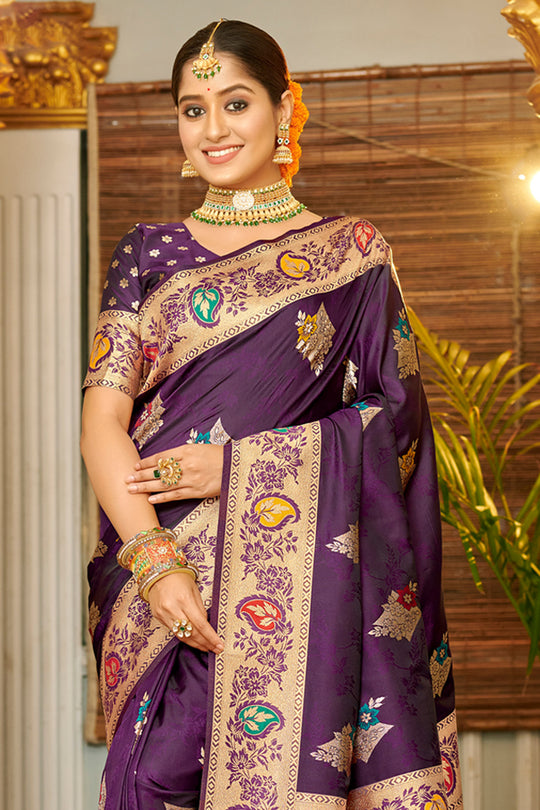 Purple Banarasi Silk Saree With Blouse