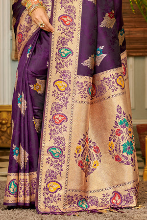 Purple Banarasi Silk Saree With Blouse