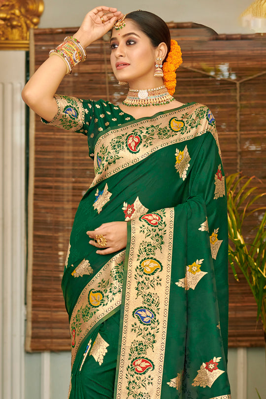 Green Banarasi Silk Saree With Blouse