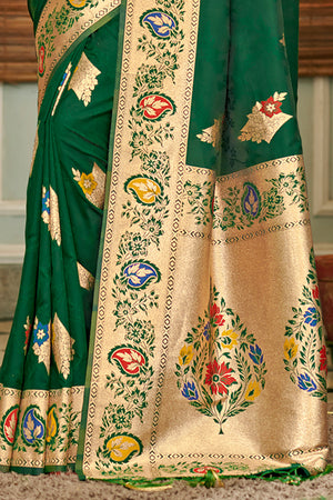 Green Banarasi Silk Saree With Blouse