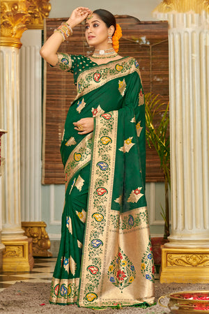 Green Banarasi Silk Saree With Blouse