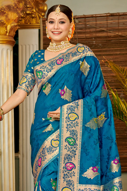 Blue Banarasi Silk Saree With Blouse