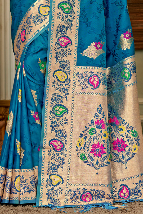 Blue Banarasi Silk Saree With Blouse