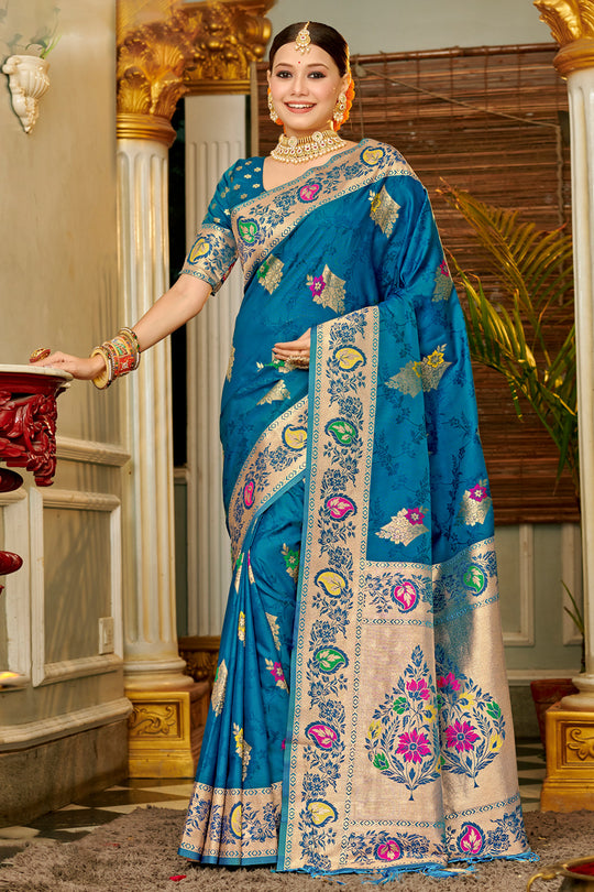 Blue Banarasi Silk Saree With Blouse