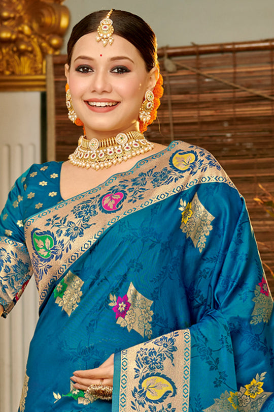 Blue Banarasi Silk Saree With Blouse