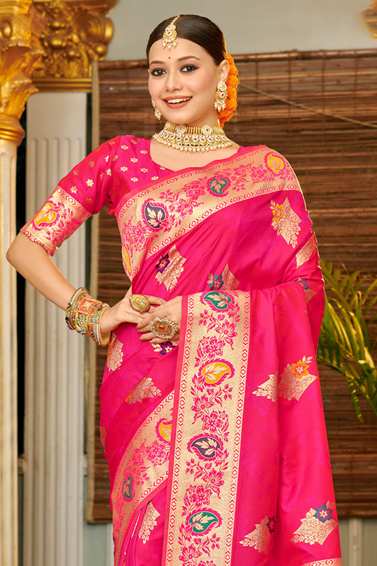 Magenta Banarasi Silk Saree With Blouse