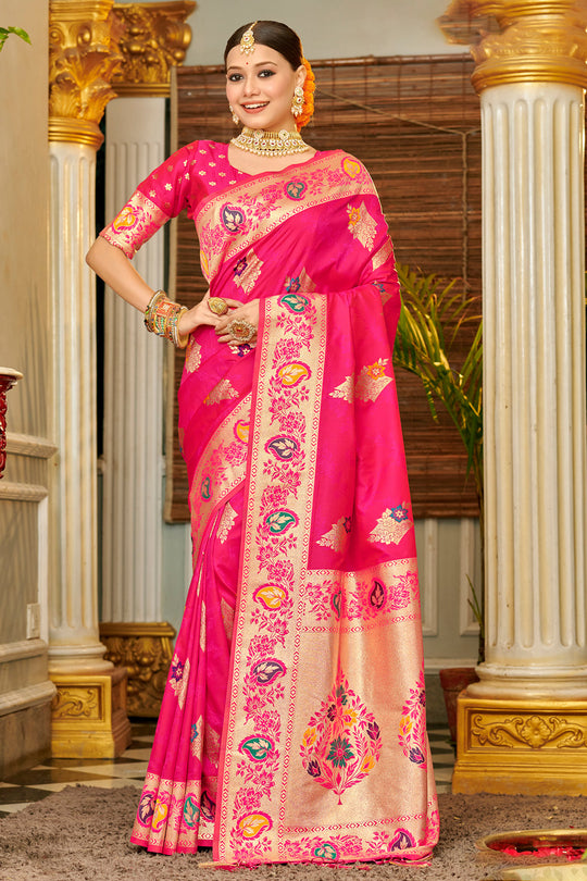 Magenta Banarasi Silk Saree With Blouse