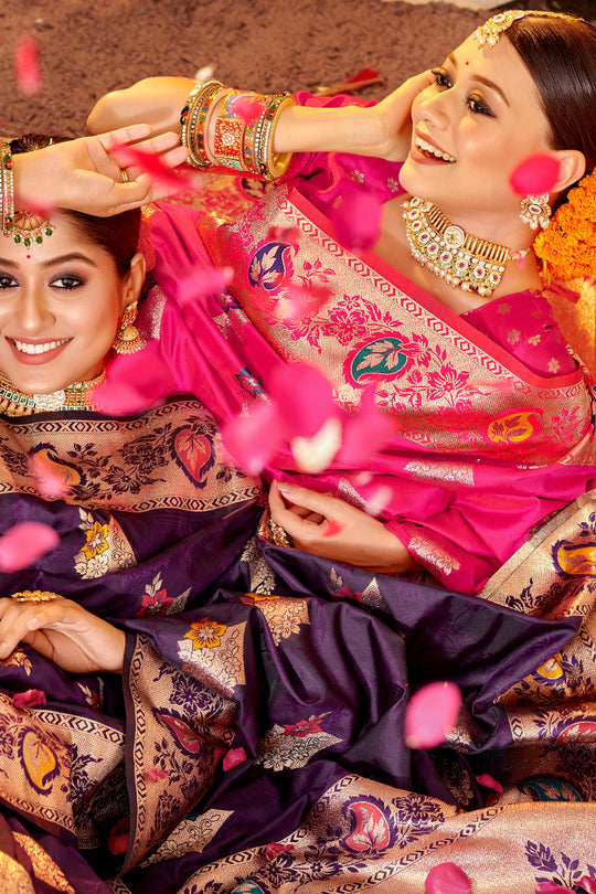 Magenta Banarasi Silk Saree With Blouse
