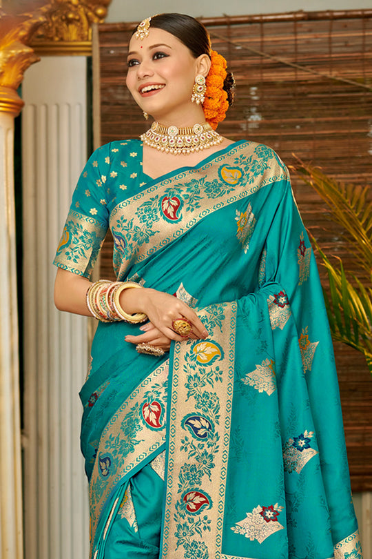 Sky Blue Banarasi Silk Saree With Blouse