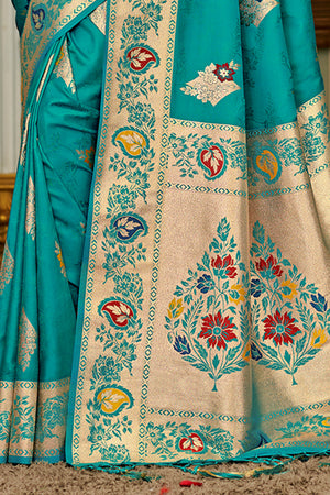 Sky Blue Banarasi Silk Saree With Blouse