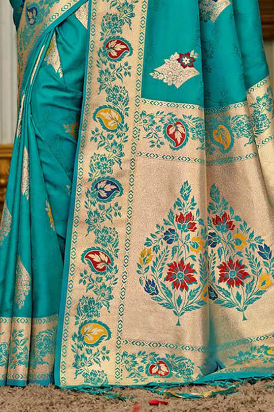 Sky Blue Banarasi Silk Saree With Blouse