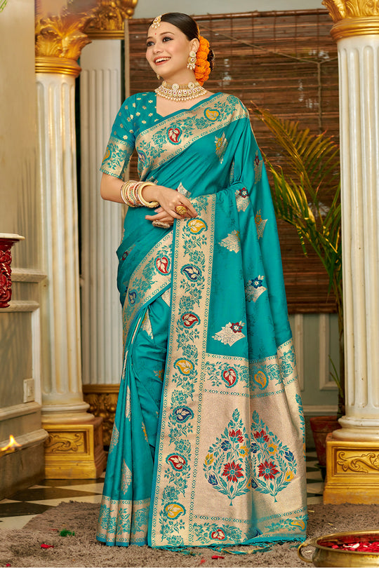 Sky Blue Banarasi Silk Saree With Blouse