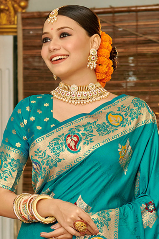 Sky Blue Banarasi Silk Saree With Blouse