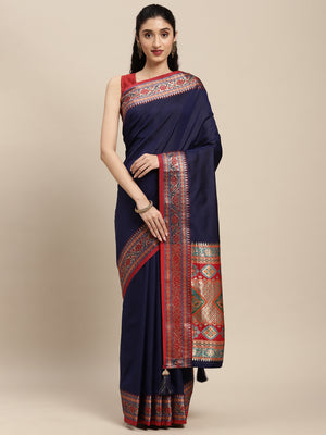 Blue Silk Blend Saree With Blouse Piece