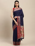 Blue Silk Blend Saree With Blouse Piece