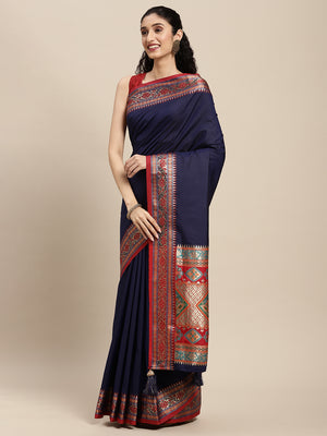 Blue Silk Blend Saree With Blouse Piece
