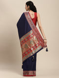 Blue Silk Blend Saree With Blouse Piece