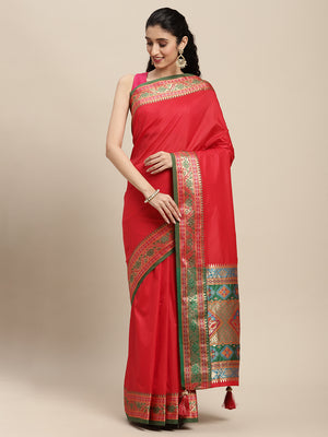 Red Silk Blend Saree With Blouse Piece