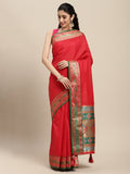 Red Silk Blend Saree With Blouse Piece