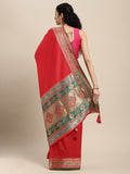 Red Silk Blend Saree With Blouse Piece