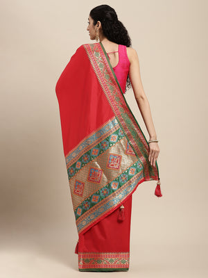Red Silk Blend Saree With Blouse Piece