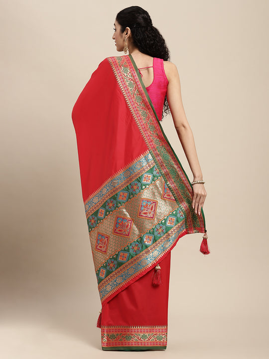 Red Silk Blend Saree With Blouse Piece