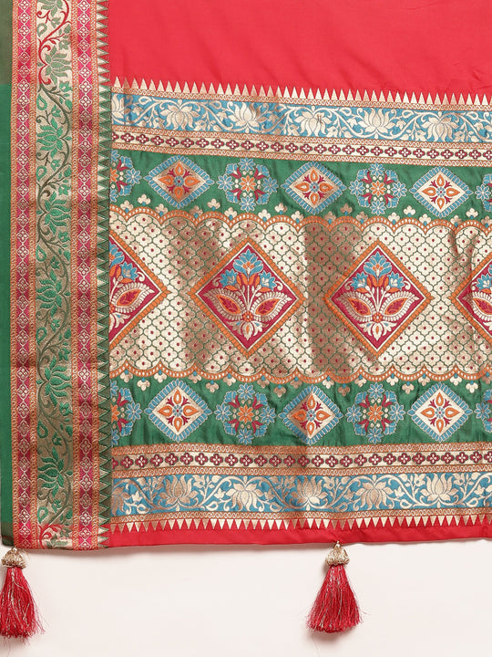 Red Silk Blend Saree With Blouse Piece