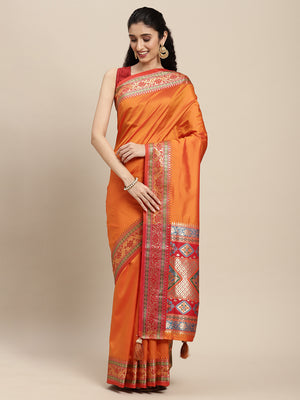 Orange Silk Blend Saree With Blouse Piece