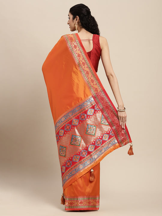 Orange Silk Blend Saree With Blouse Piece