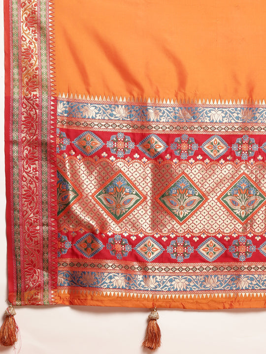 Orange Silk Blend Saree With Blouse Piece
