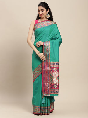 Rama Silk Blend Saree With Blouse Piece