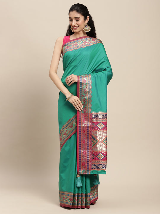 Rama Silk Blend Saree With Blouse Piece