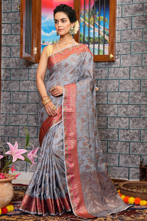Lead Grey Silk Saree