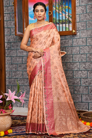 Cantaloupe Peach Silk Saree