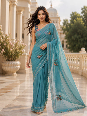Teal Blue Embroidered Saree With Blouse Piece