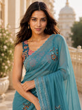 Teal Blue Embroidered Saree With Blouse Piece