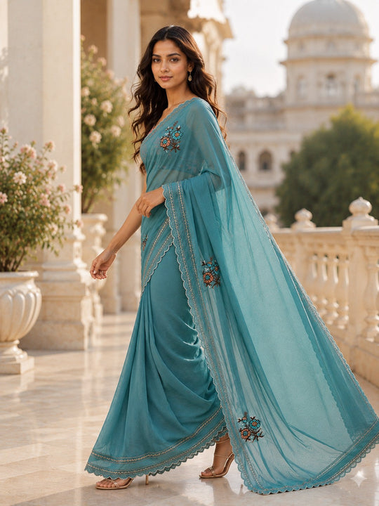 Teal Blue Embroidered Saree With Blouse Piece