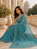 Teal Blue Embroidered Saree With Blouse Piece