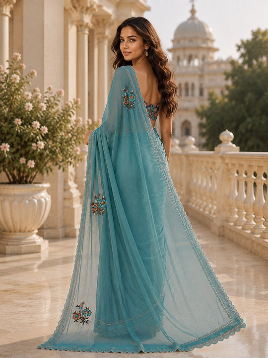 Teal Blue Embroidered Saree With Blouse Piece