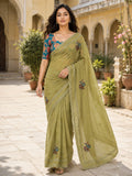 Mehendi Green Embroidered Saree With Blouse Piece