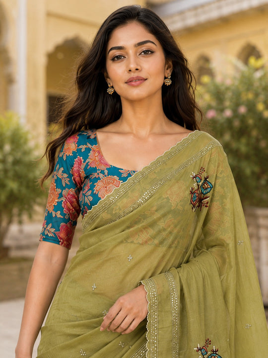 Mehendi Green Embroidered Saree With Blouse Piece