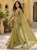 Mehendi Green Embroidered Saree With Blouse Piece