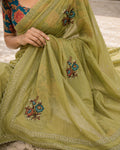 Mehendi Green Embroidered Saree With Blouse Piece